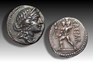 Ancient Coins - AR denarius Julius Caesar, mobile military mint moving with Caesar in North Africa circa 48 - 47 B.C.