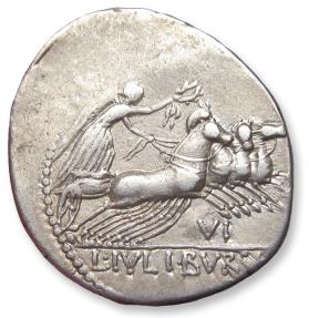 Ancient Coins - AR denarius L. Julius Bursio, Rome 85 B.C. - variety with control numeral VI -
