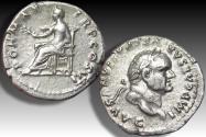 Ancient Coins - AR denarius Vespasian / Vespasianus, Rome mint circa 75 A.D. - PON MAX TR P COS VI -