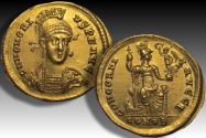 AV gold solidus Honorius, Constantinople mint 397-402 A.D. - Interesting officina overstrike I over B -