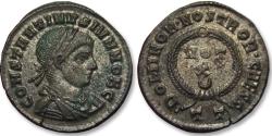 Ancient Coins - Follis Constantine II as Caesar, Ticinum mint, 3rd officina circe 321-325 A.D. - DOMINOR NOSTROR CAESS - lots of silvering