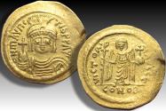 Ancient Coins - AV gold solidus Maurice Tiberius, Constantinople mint 583-601 A.D. - large flan, officina Є -