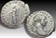 Ancient Coins - AR denarius Trajan / Trajanus, Rome mint circa 103-111 A.D. - COS V P P S P Q R OPTIMO PRINC - Aequitas