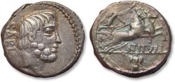 Ancient Coins - AR denarius L. Titurius Sabinus, Rome 89 B.C. - rare control symbol: military trophy -