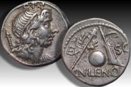 Ancient Coins - AR denarius Cn. Cornelius Lentulus, undertain Spanish mint 76-75 B.C.