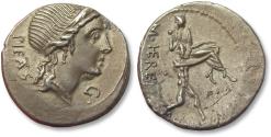 Ancient Coins - AR denarius M. Herennius, Rome mint 108-107 B.C. - sharply struck example - variety with control letter G