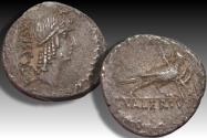 Ancient Coins - AR denarius L. Valerius Acisculus, Rome mint 45 B.C. - human-headed owl - rare type!