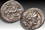 Ancient Coins - AR denarius C. Allius Bala. Rome 92 B.C. - biga of stags, grasshopper symbol, beauty -
