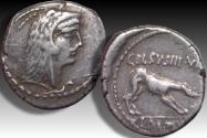 Ancient Coins - AR denarius L. Papius Celsus, Rome mint 45 B.C.