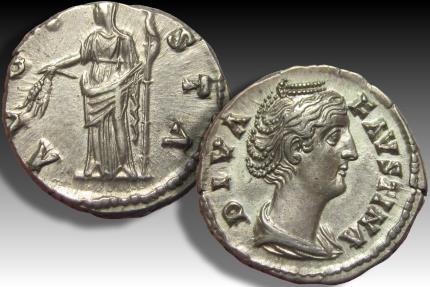 Ancient Coins - AR denarius DIVA Faustina Senior, Rome after 141 A.D. - near mint state, a beauty! -