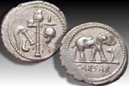 Ancient Coins - AR denarius Julius Caesar, mobile military mint moving with Caesar in Gaul or Italy circa 49 - 48 B.C.