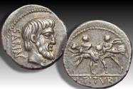 Ancient Coins - AR denarius L. Titurius L.f. Sabinus, Rome 89 B.C. - The abduction of the Sabine women -