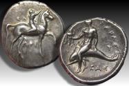 Ancient Coins - AR nomos Calabria, Tarentum circa 302-280 B.C. - struck under Arethon, Sa-, and Cas- as magistrates -