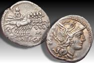 Ancient Coins - AR denarius L. Sentius C.f., Rome mint 101 B.C. - control letter M on reverse -