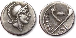 Ancient Coins - AR denarius Albinus Bruti f., Rome 48 B.C. - shields & carnyx reverse -