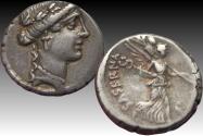 Ancient Coins - AR denarius L. Hostilius Saserna, Rome mint 48 B.C.