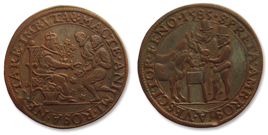Spanish Netherlands AE jeton 1585: Elizabeth I gives assistance to the ...