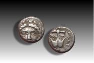 Ancient Coins - AR diobol Thrace, Apollonia Pontika circa 450-400 B.C. - scarce issue with name (ΓΛAY) in field -