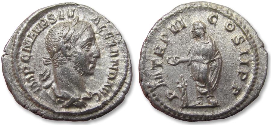 Ancient Coins - AR denarius Severus Alexander, Rome mint circa 228 A.D. - P M TR P VI COS II P P, Severus Alexander sacrificing over altar -