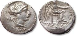 Ancient Coins - AR silver denarius M. Porcius Cato, Rome mint 89 B.C.
