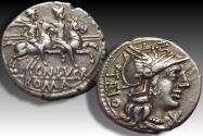 Ancient Coins - AR denarius Cn. Lucretius Trio, Rome 136 B.C. - beautifully centered & great toning -
