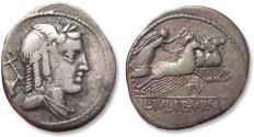 Ancient Coins - AR denarius L. Julius Bursio, Rome mint 85 B.C. - variety with bucranium symbol on obv, letters FV on rev -