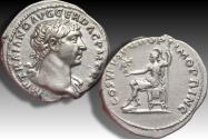 Ancient Coins - AR denarius Trajan / Trajanus, Rome mint circa 108-109 A.D. - COS V P P S P Q R OPTIMO PRINC - Roma seated