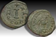 Ancient Coins - AE Decanummium / 10 nummi Justinianus I / Justinian I, Constantinople dated year 22 = 548-549 A.D. - with sales ticket -