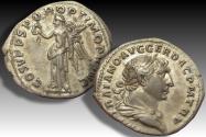 Ancient Coins - AR denarius Trajanus, Rome mint circa 107 A.D. - rare bust variety with full drapery (usually only left shoulder for this type)