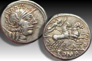 Ancient Coins - AR denarius C. Porcius Cato, Rome mint 123 B.C. - beautifully centered & great toning -