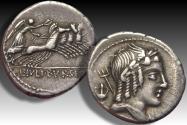 Ancient Coins - AR denarius L. Julius Bursio, Rome mint 85 B.C. - variety with control symbol amphora -