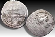 Ancient Coins - AR denarius Lollius Palicanus / Palikanus, Rome mint 45 B.C. - the Rostra on the Forum Romanum -