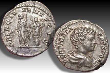 Ancient Coins - AR denarius Geta as Caesar, Rome mint circa 201-202 A.D. - PRINC IVVENTVTIS reverse -