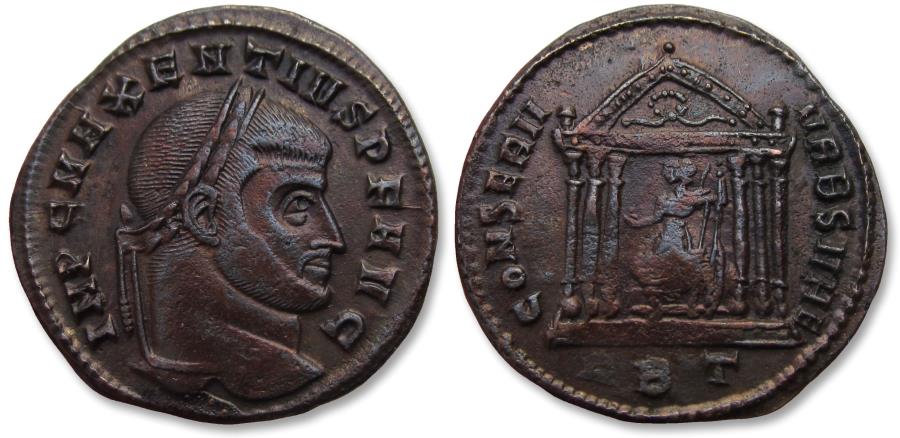 Ancient Coins - Æ 26mm follis Maxentius, Rome mint 308-311 A.D. - mintmark RBT, Temple reverse -