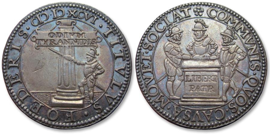 World Coins - Spanish Netherlands AR silver jeton Dordrecht mint 1596: on the vigilance with truce & the triple alliance
