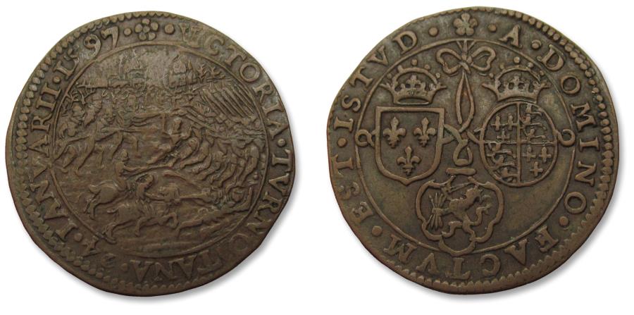 World Coins - Spanish Netherlands AE jeton Dordrecht mint 1597: victory at battle of Turnhout, Dutch defeat Spanish army