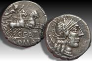 Ancient Coins - AR denarius C. Cato, Rome mint 123 B.C. - nicely centered & full strike -