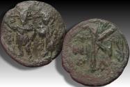 Ancient Coins - 23mm AE 1/2 follis - half follis Heraclius and Heraclius Constantine, Constantinople 1st officina - dated ЧII ? - circa 617-618 A.D.