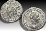 Ancient Coins - AR denarius Diadumenianus as Caesar, Rome 217-218 A.D. - rare variety with eagle & wreath topped standards -