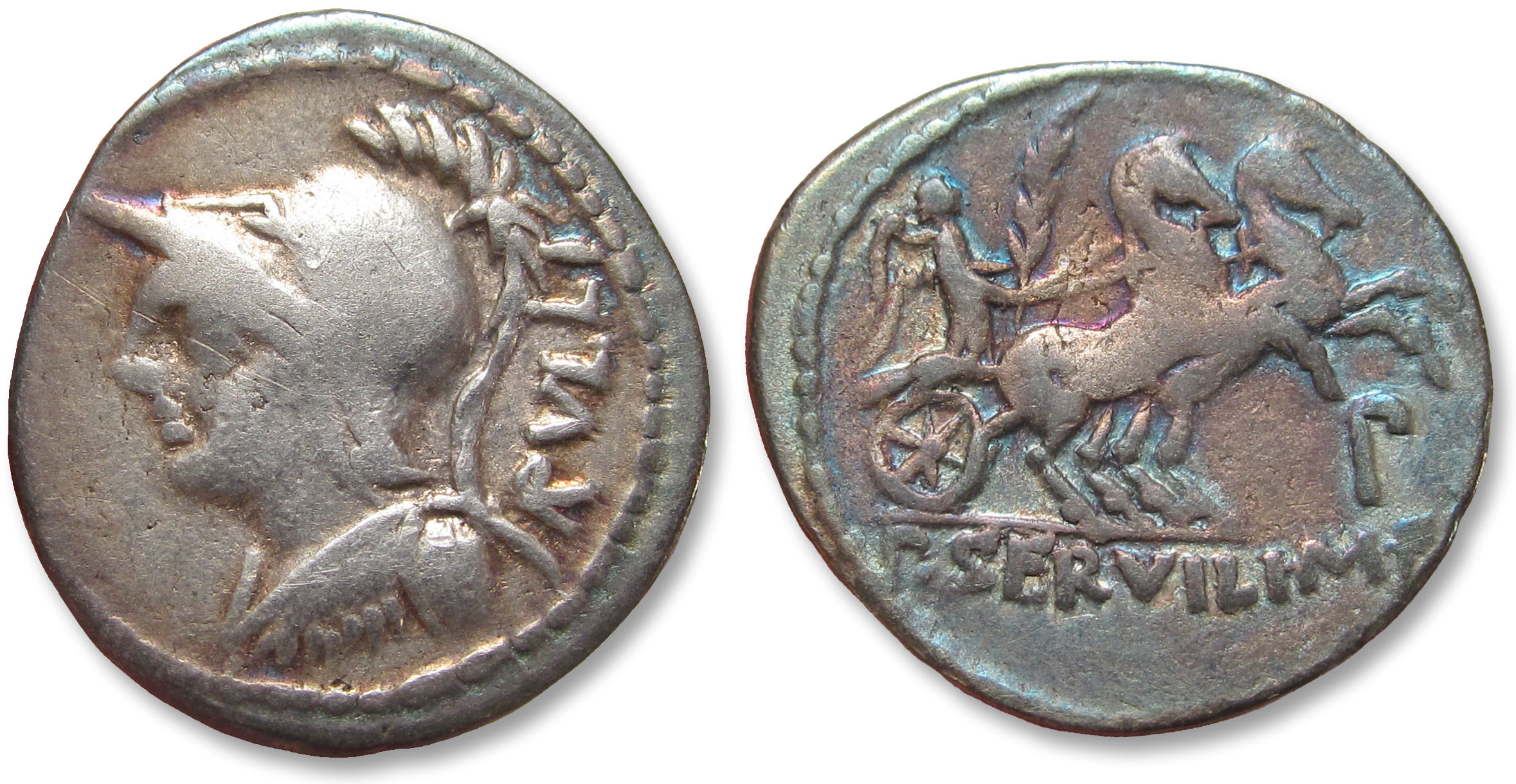 Servillus AR denarius P. Servilius M.f. Rullus, Rome mint 100 B.C. - colourful ...