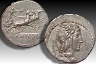 Ancient Coins - AR denarius L. Julius Bursio, Rome 85 B.C. - control symbol: BOW and ARROW - Ex LNB Collection of J Bursio Denarii