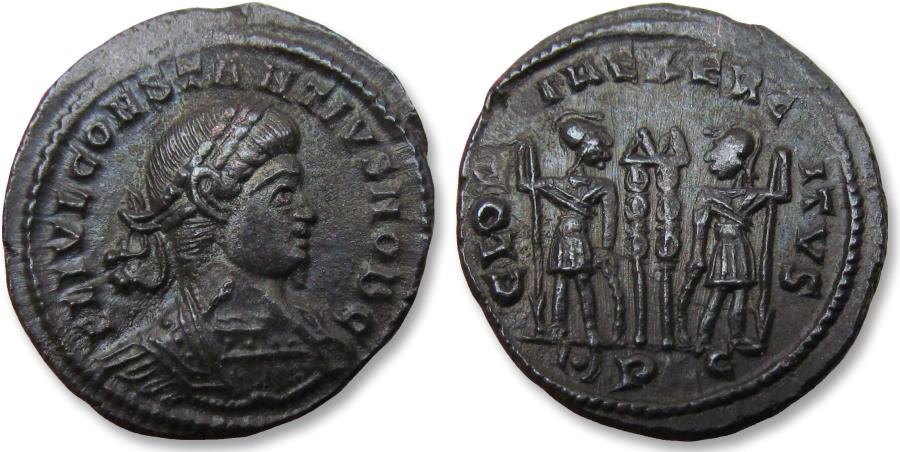 Ancient Coins - Constantius II Caesar AE follis, Lugdunum (Lyon) mint 330-332 A.D. - (pellet in crescent) + mintmark PLG -