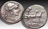 Ancient Coins - AR denarius C. Maianius, Rome mint 153 B.C.