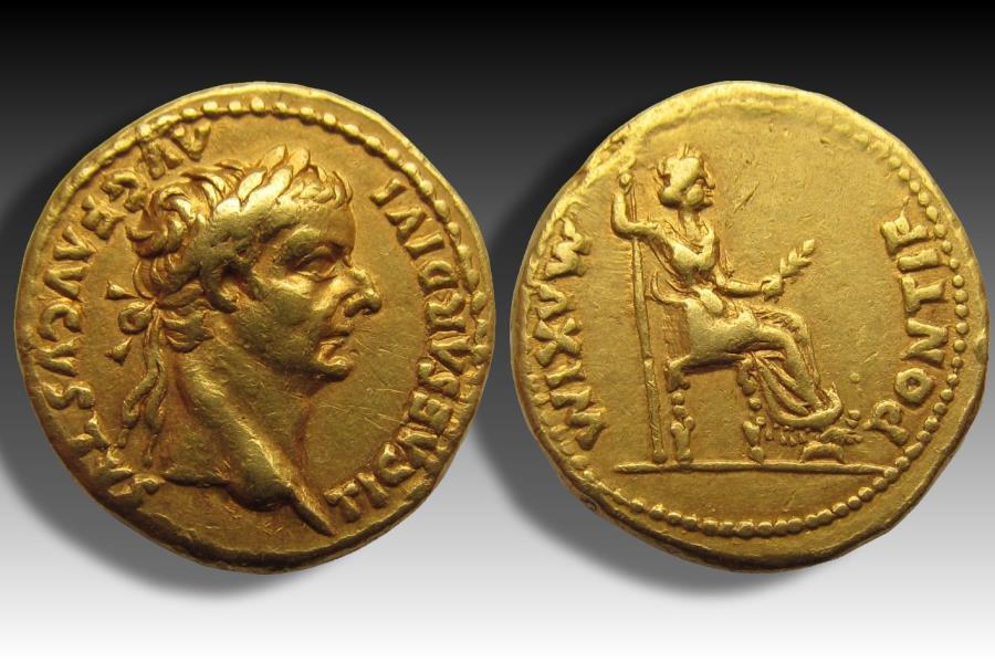 Ancient Coins - AV gold aureus Tiberius, Lugdunum 14-37 A.D. -- beautifully struck, quality coin --