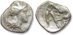 Ancient Coins - AR diobol CALABRIA, Taras / Tarentum circa 302-228 B.C. - var. with C between legs and TAΡANTINΩN -