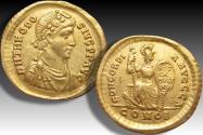 Ancient Coins - AV gold solidus Theodosius I, Constantinople mint, 1st officina 388-392 A.D. - VOT / X / MVLT / XV on shield -
