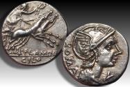 Ancient Coins - AR denarius L. Flaminius Chilo, Rome mint 109-108 B.C.