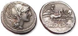 Ancient Coins - AR denarius T. Manlius Mancinus, Appius Claudius Pulcher & Q. Urbinius, Rome 111-110 B.C.