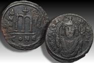 Ancient Coins - Æ 40 nummi / Æ follis Tiberius II Constantine, Constantinople 5th officina - huge 36mm coin - RY 5 = 578-579 A.D.