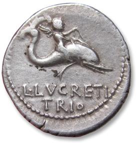 Ancient Coins - AR denarius L. Lucretius Trio, Rome mint 76 B.C. - nicely centered -